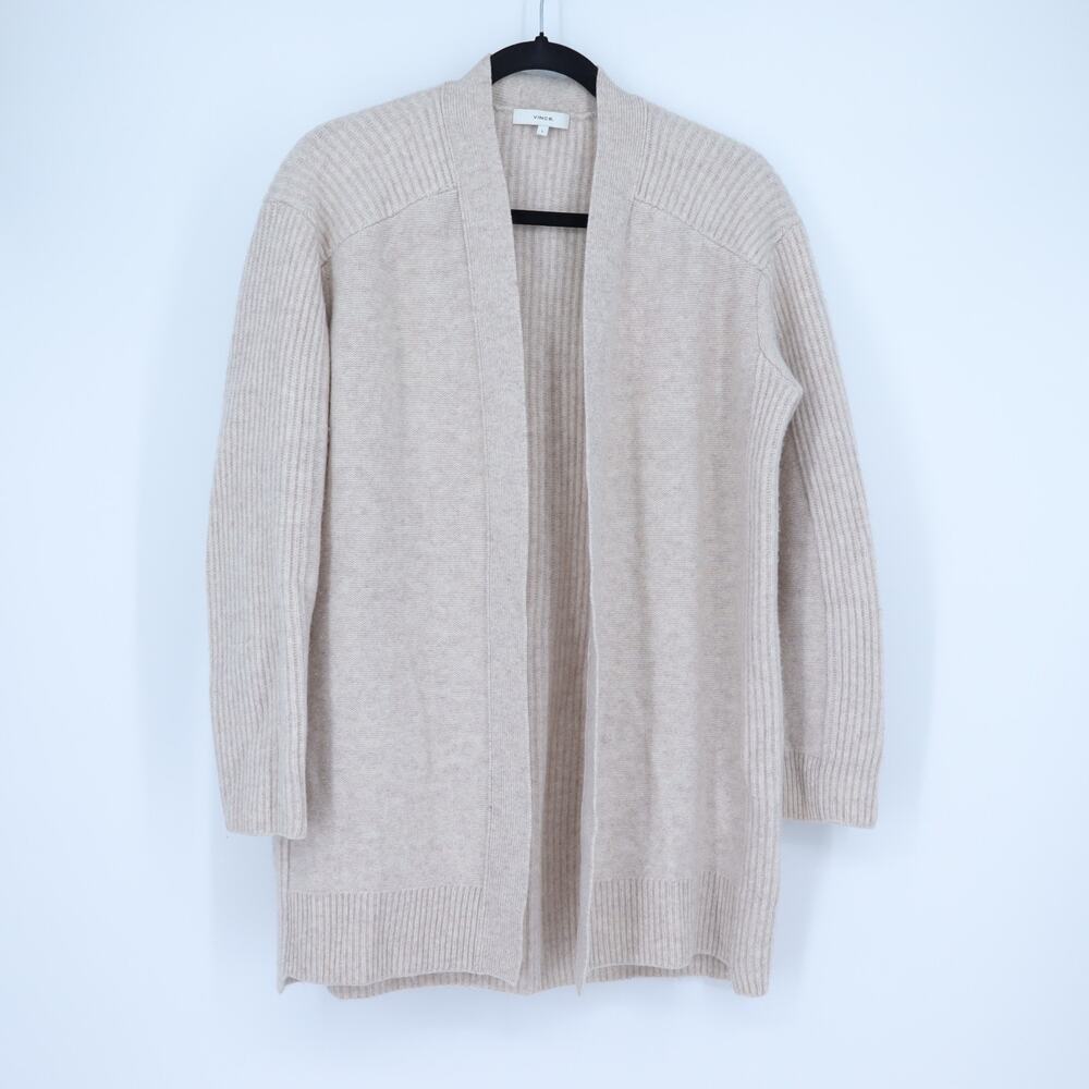 Vince Cashmere Wool Open Sweater Oatmeal Ribbed Knit Cardigan Women's S